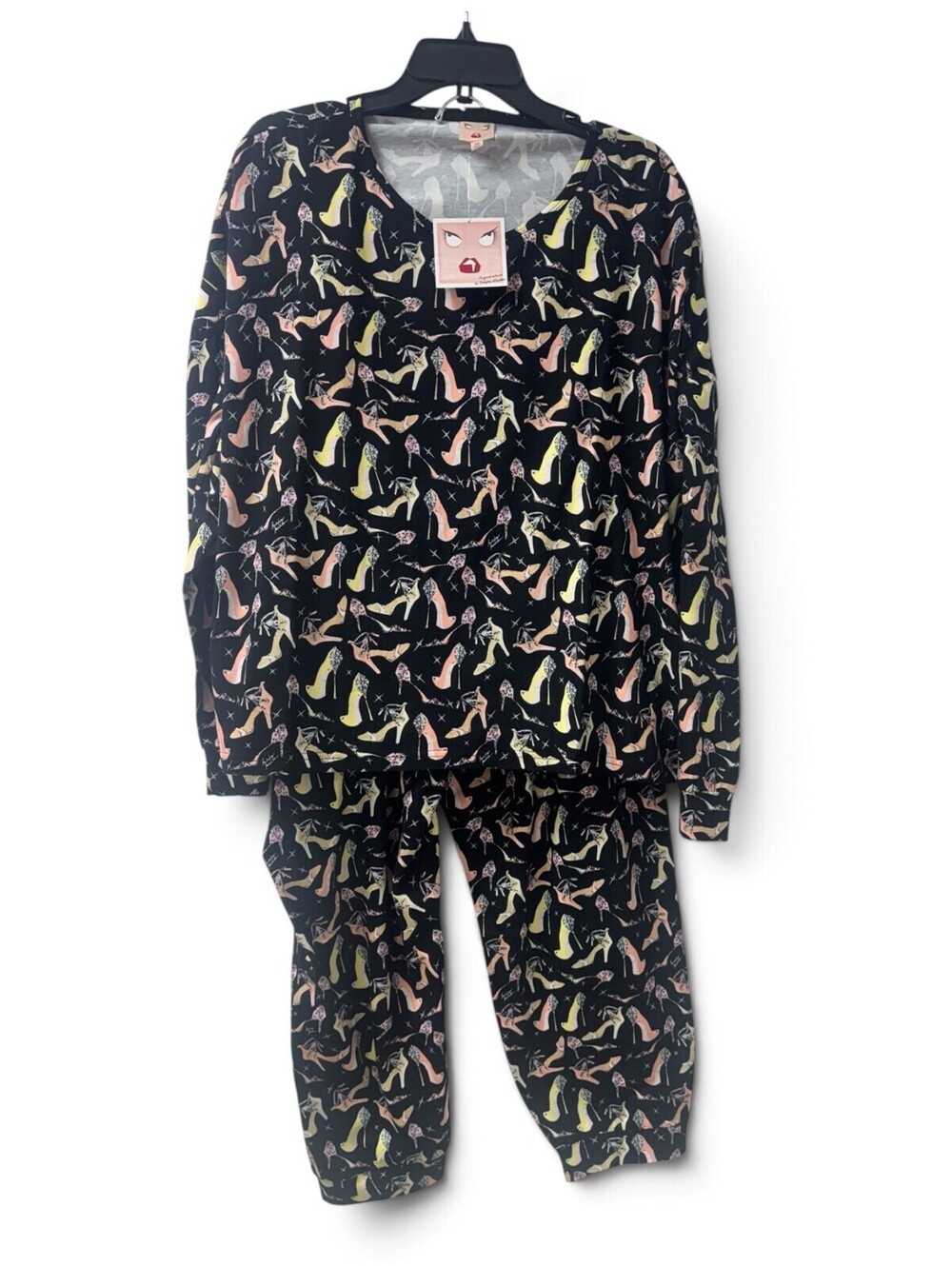 NWT Badgley Mischka Sz XL Black High Heel Stiletto Print Pajama Set $158